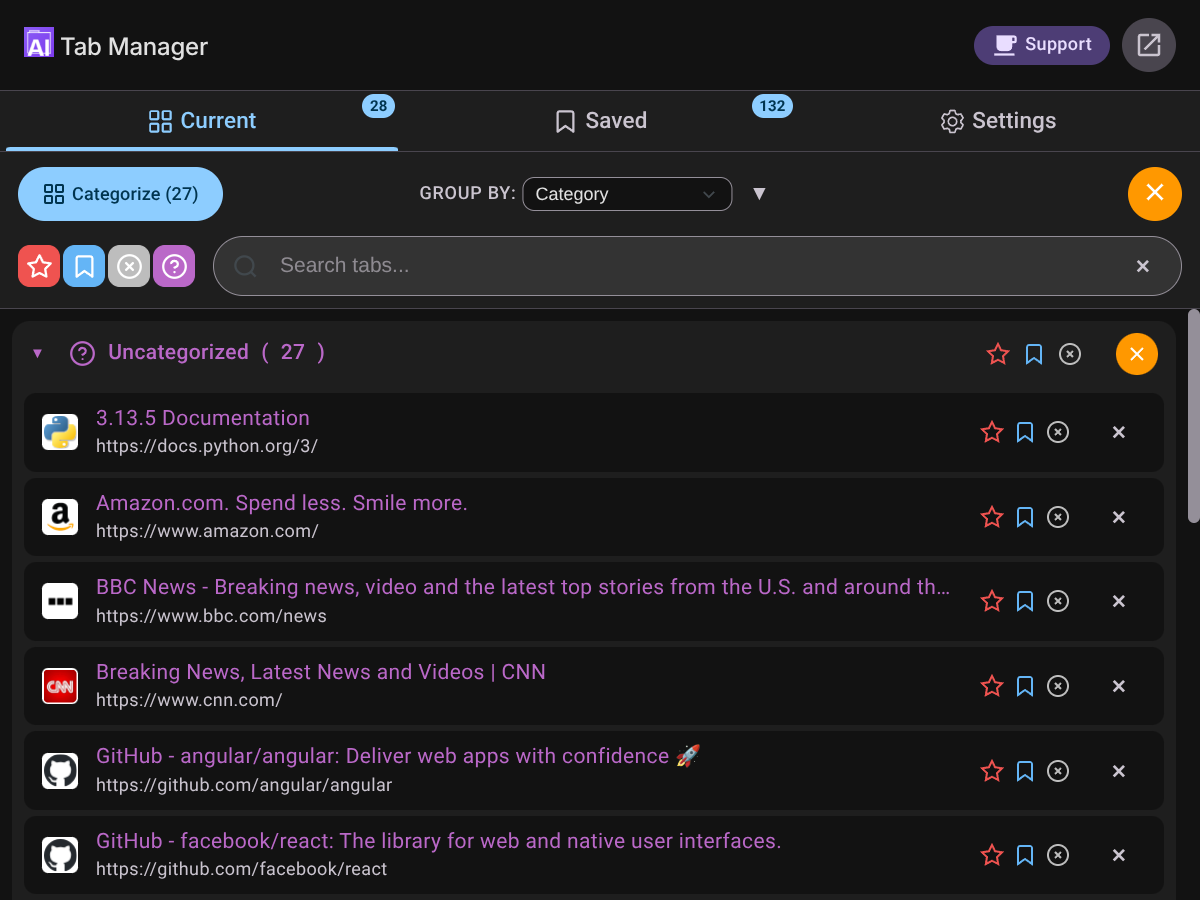 Uncategorized Tabs by Category - Dark Theme