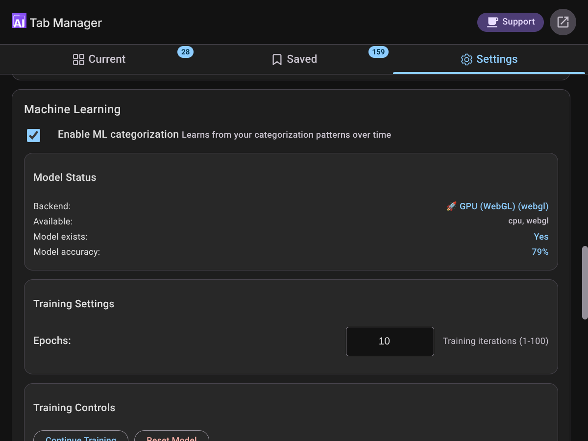 ML Settings - Dark Theme